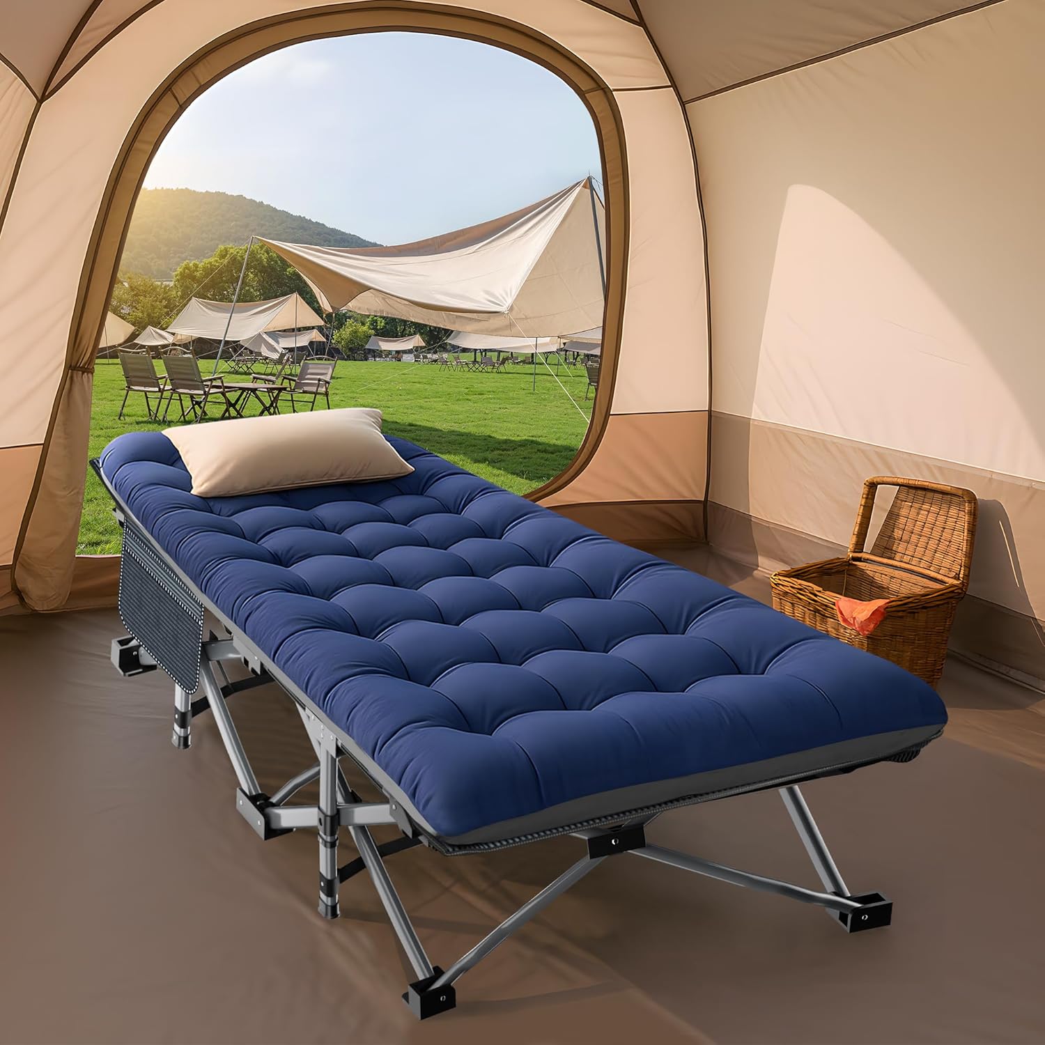 Folding Camping Cot W/Mat for Adults, Heavy Duty Outdoor Bed with Carry Bag,1200 D Layer Oxford Travel Camp Cots