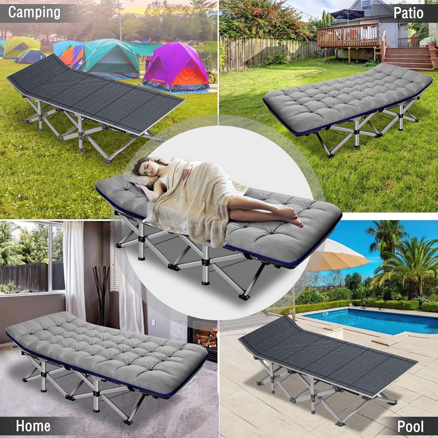 Folding Camping Cot W/Mat for Adults, Heavy Duty Outdoor Bed with Carry Bag,1200 D Layer Oxford Travel Camp Cots