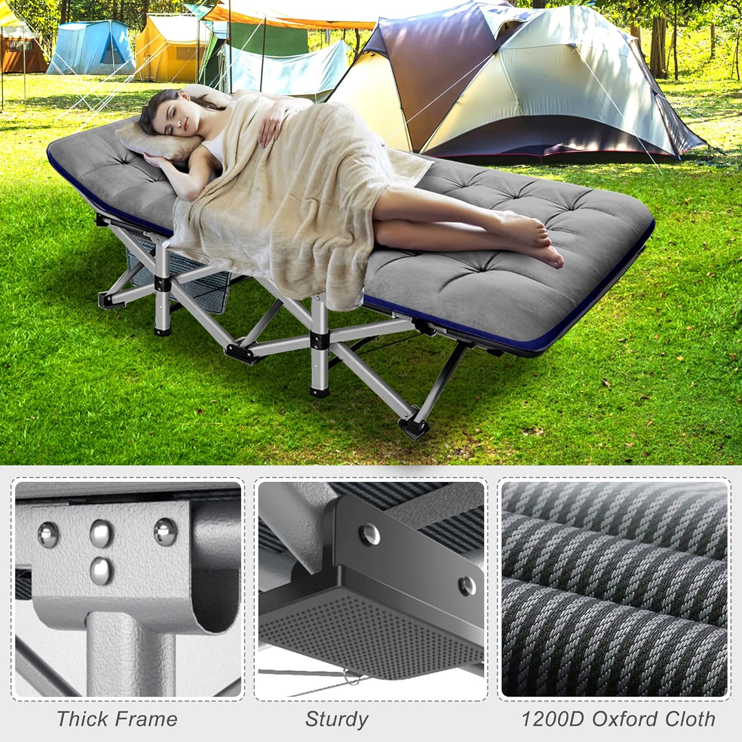 Folding Camping Cot W/Mat for Adults, Heavy Duty Outdoor Bed with Carry Bag,1200 D Layer Oxford Travel Camp Cots