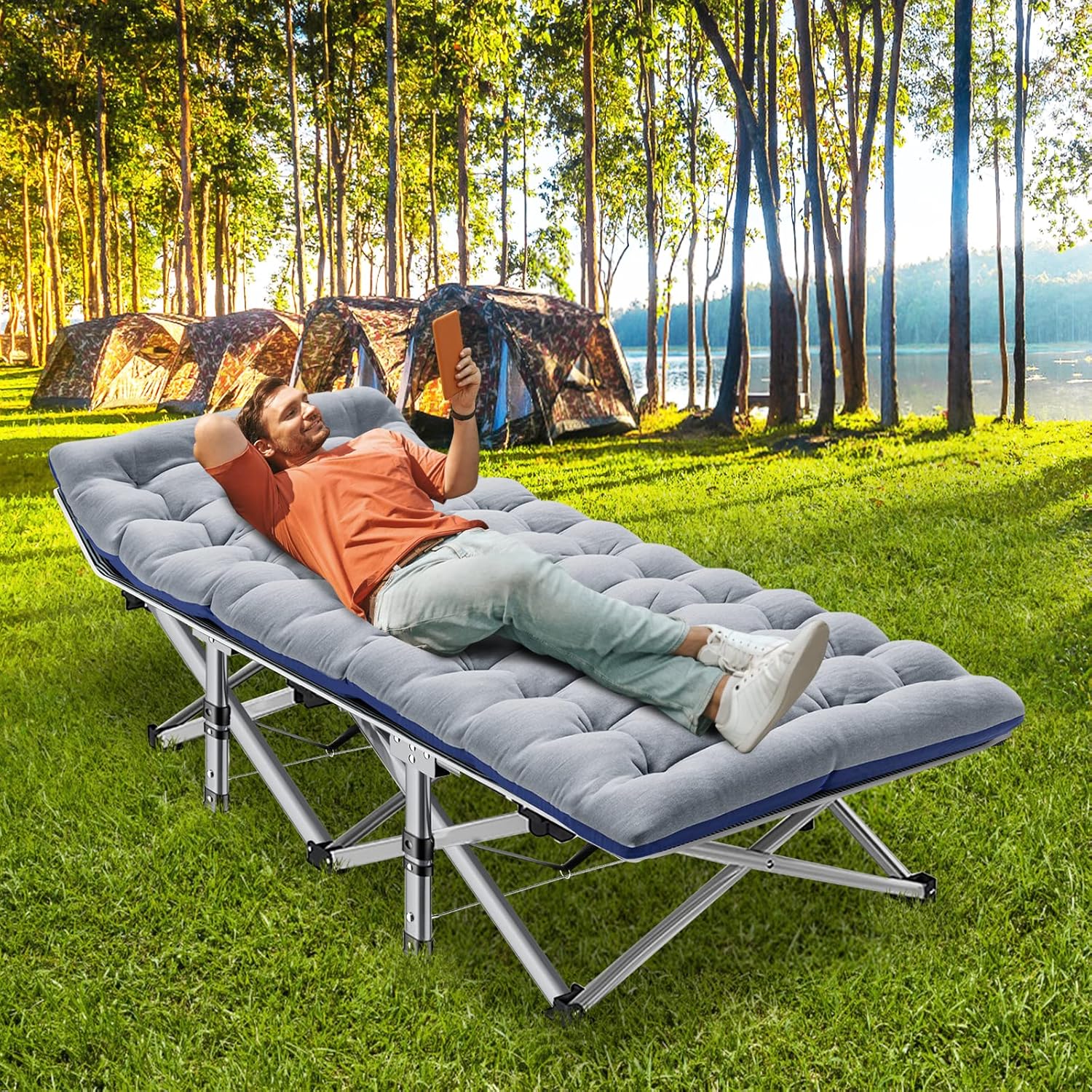 Folding Camping Cot W/Mat for Adults, Heavy Duty Outdoor Bed with Carry Bag,1200 D Layer Oxford Travel Camp Cots