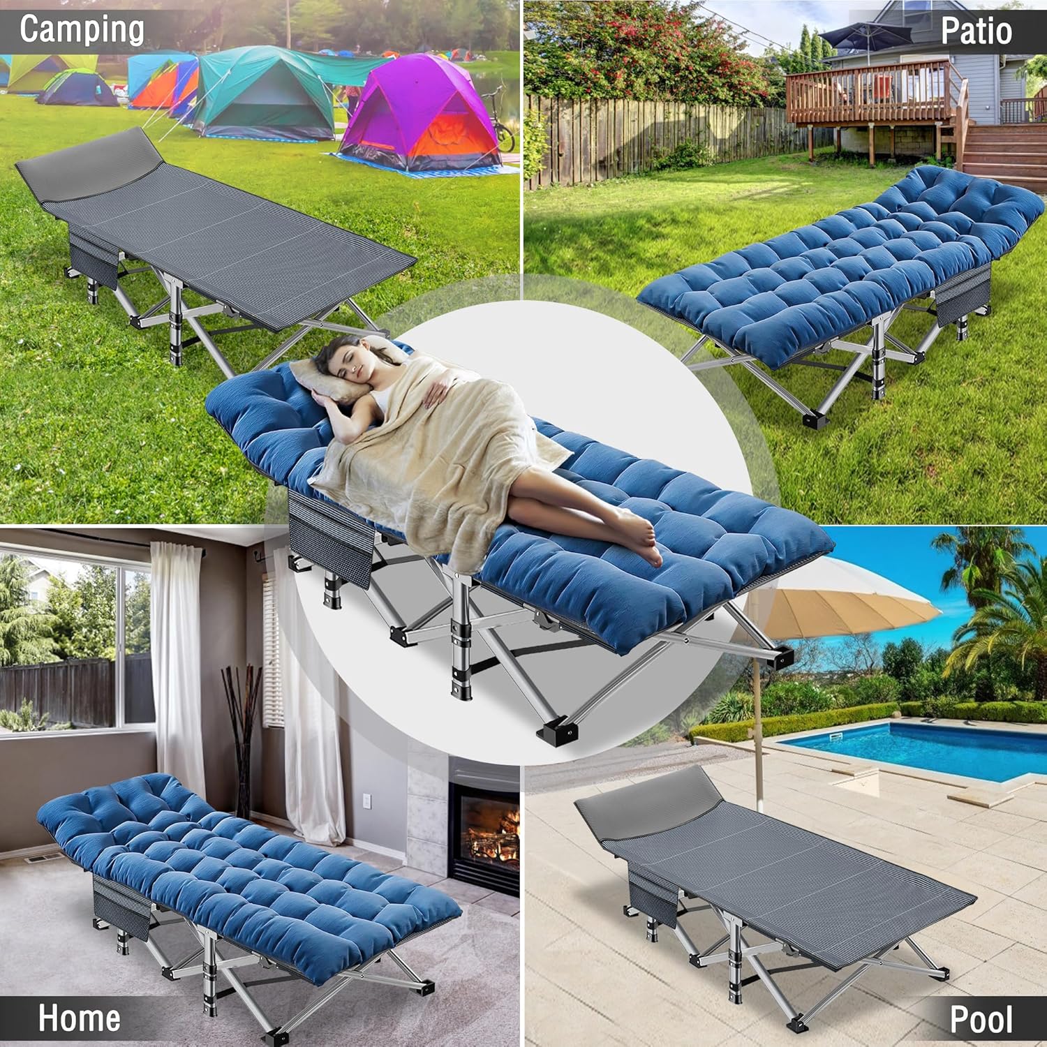 Folding Camping Cot W/Mat for Adults, Heavy Duty Outdoor Bed with Carry Bag,1200 D Layer Oxford Travel Camp Cots