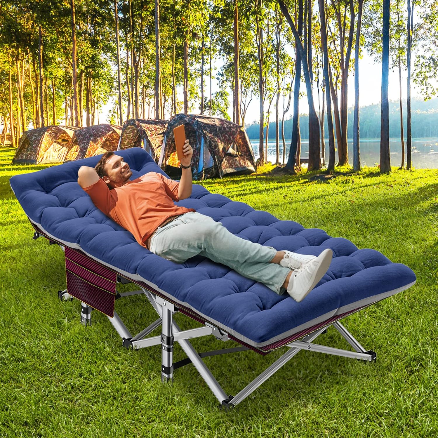 Folding Camping Cot W/Mat for Adults, Heavy Duty Outdoor Bed with Carry Bag,1200 D Layer Oxford Travel Camp Cots