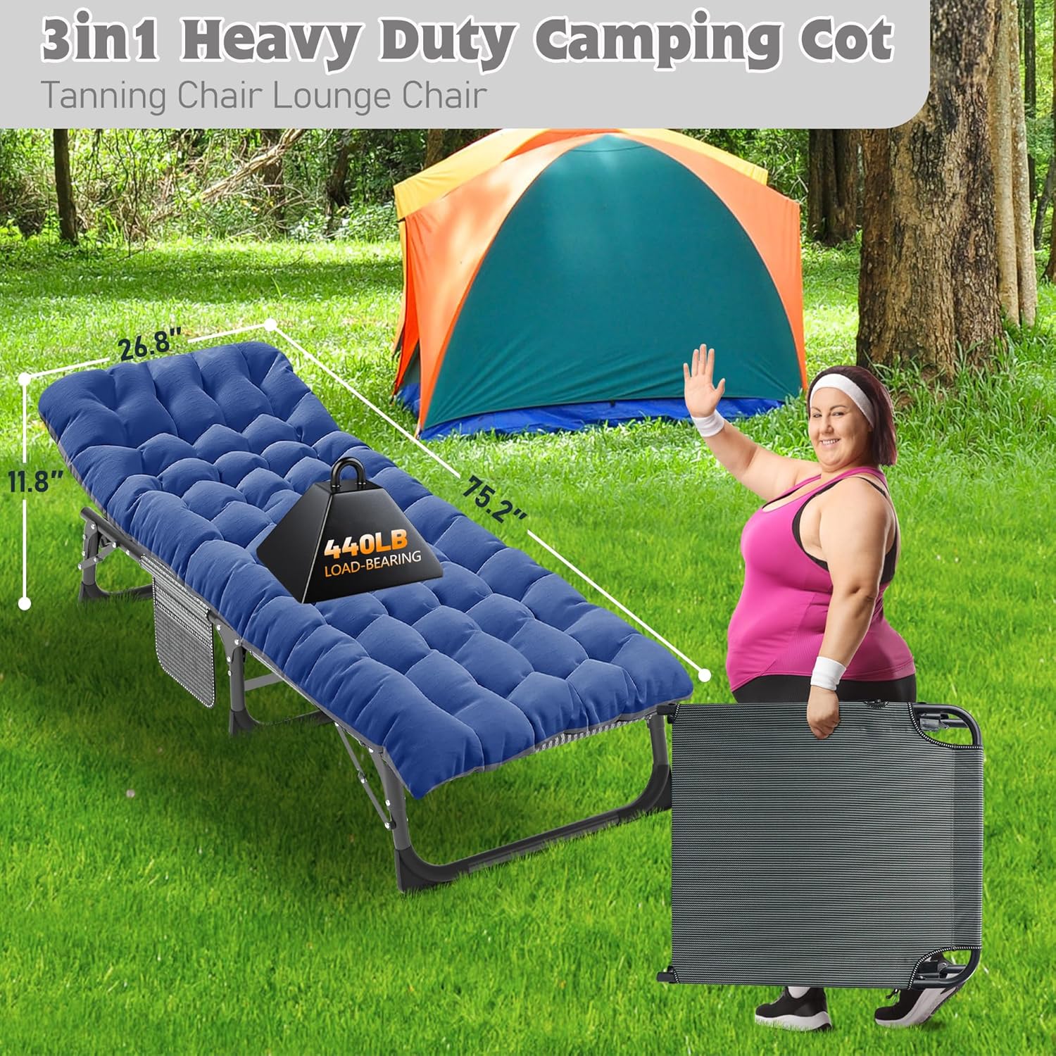 Folding Camping Cot W/Mat for Adults, Heavy Duty Outdoor Bed with Carry Bag,1200 D Layer Oxford Travel Camp Cots