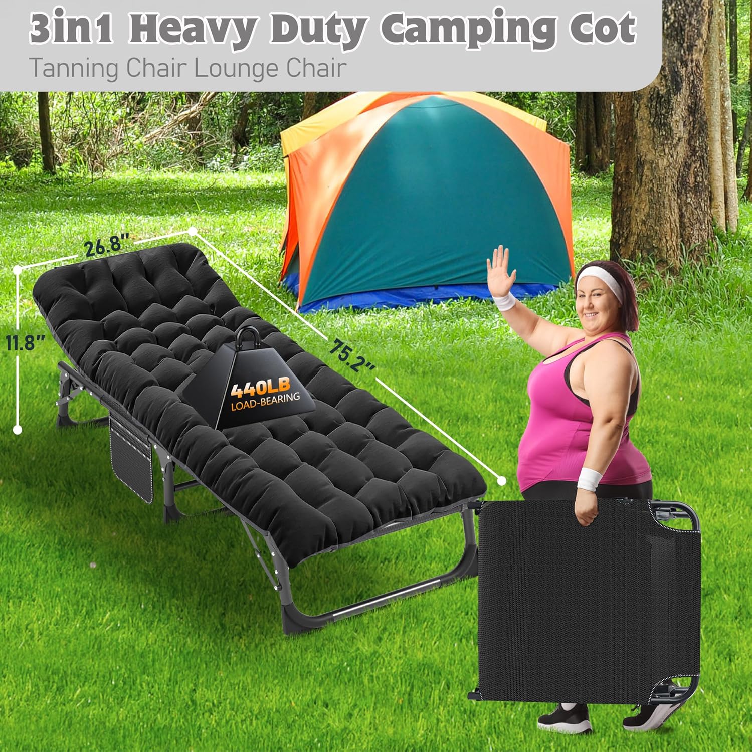 Folding Camping Cot W/Mat for Adults, Heavy Duty Outdoor Bed with Carry Bag,1200 D Layer Oxford Travel Camp Cots