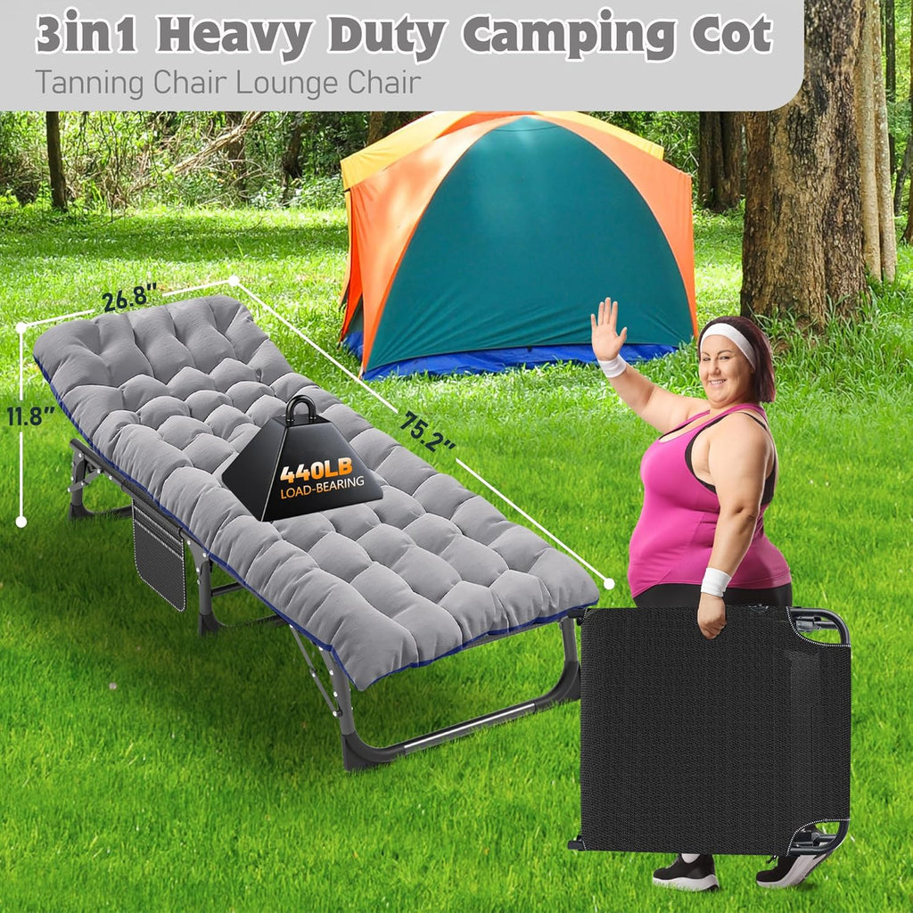 Folding Camping Cot W/Mat for Adults, Heavy Duty Outdoor Bed with Carry Bag,1200 D Layer Oxford Travel Camp Cots
