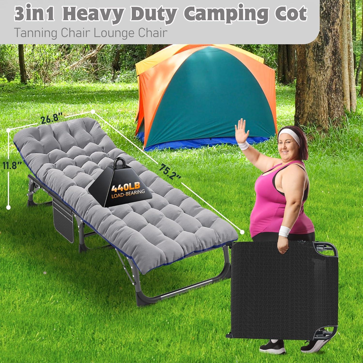 Folding Camping Cot W/Mat for Adults, Heavy Duty Outdoor Bed with Carry Bag,1200 D Layer Oxford Travel Camp Cots