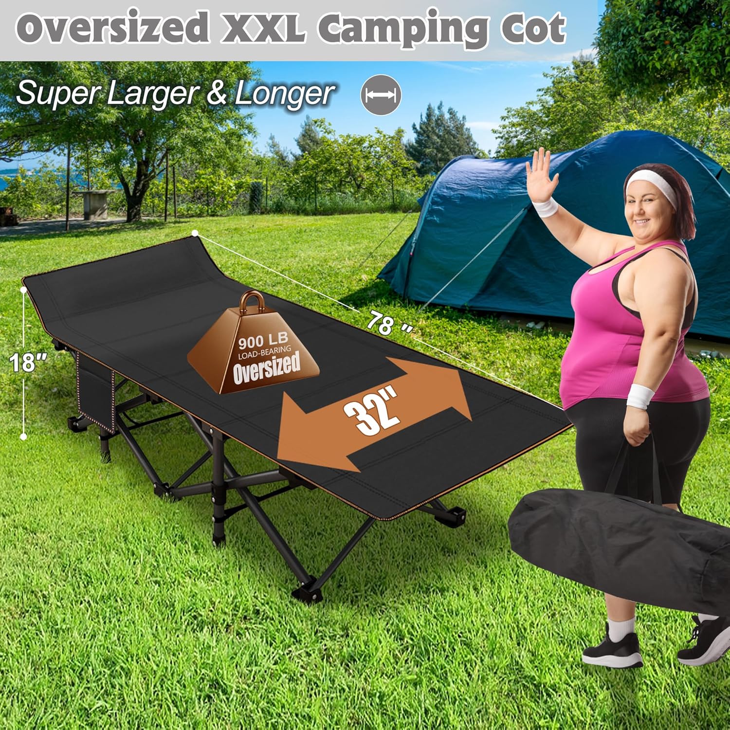 Folding Camping Cot W/Mat for Adults, Heavy Duty Outdoor Bed with Carry Bag,1200 D Layer Oxford Travel Camp Cots