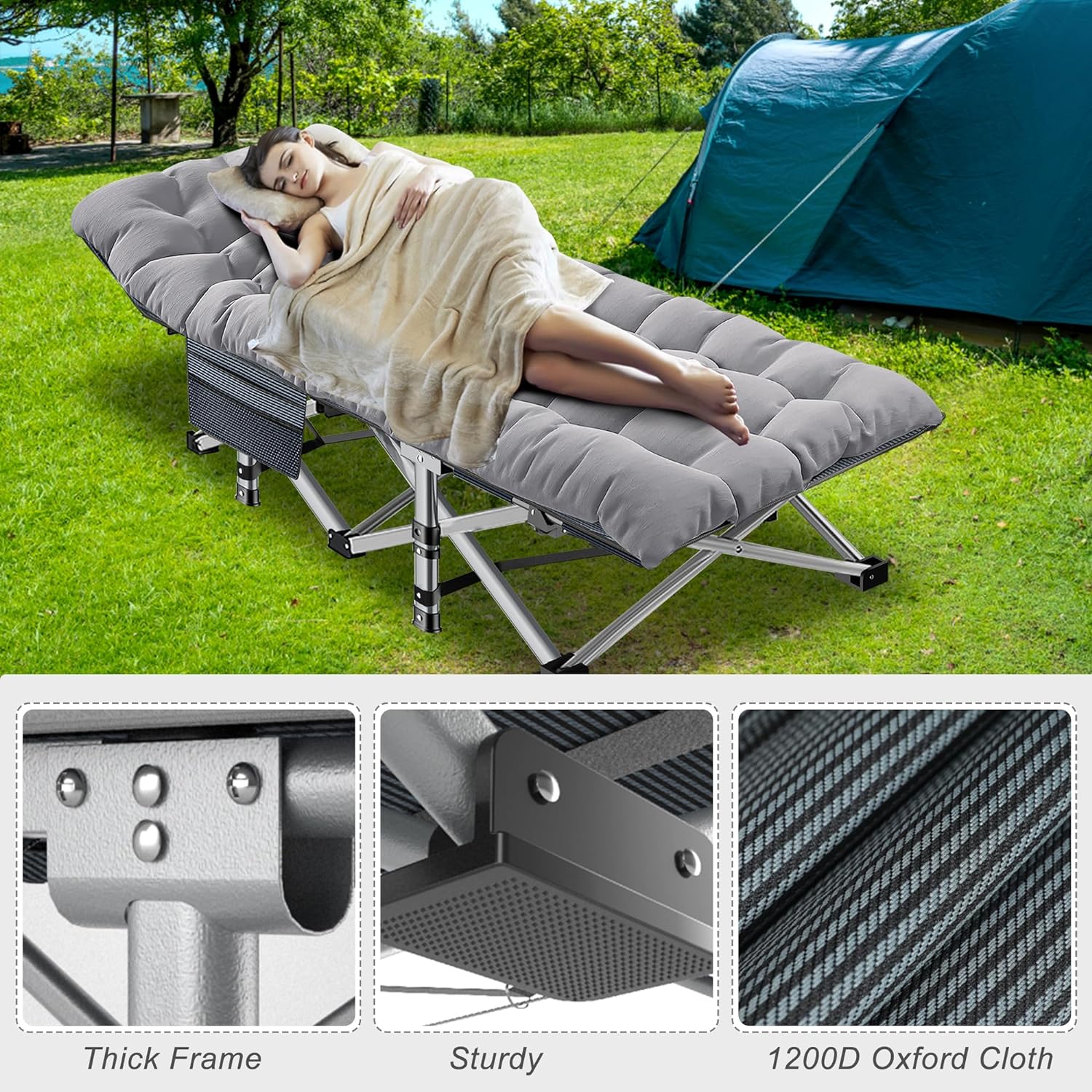 Folding Camping Cot W/Mat for Adults, Heavy Duty Outdoor Bed with Carry Bag,1200 D Layer Oxford Travel Camp Cots