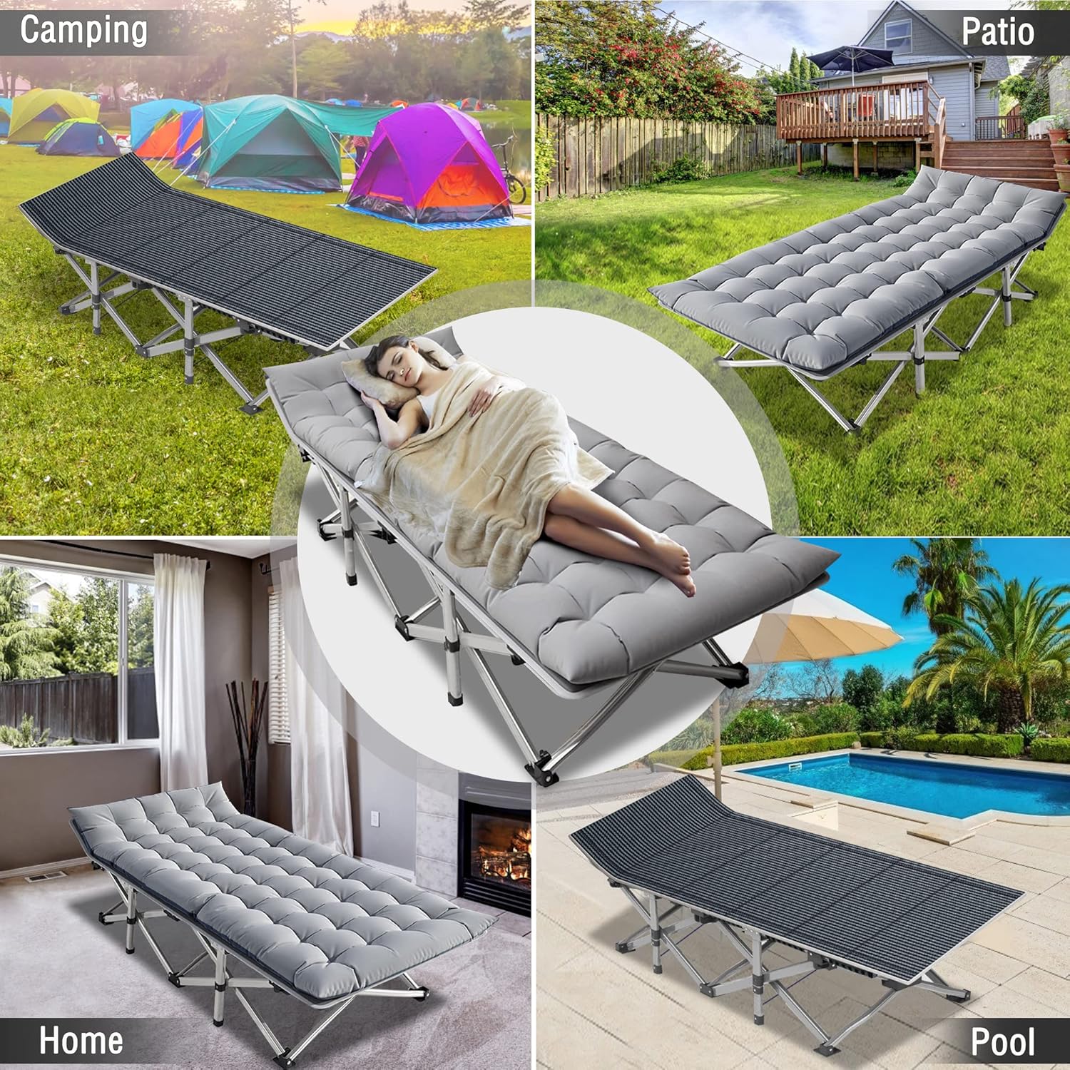 Folding Camping Cot W/Mat for Adults, Heavy Duty Outdoor Bed with Carry Bag,1200 D Layer Oxford Travel Camp Cots