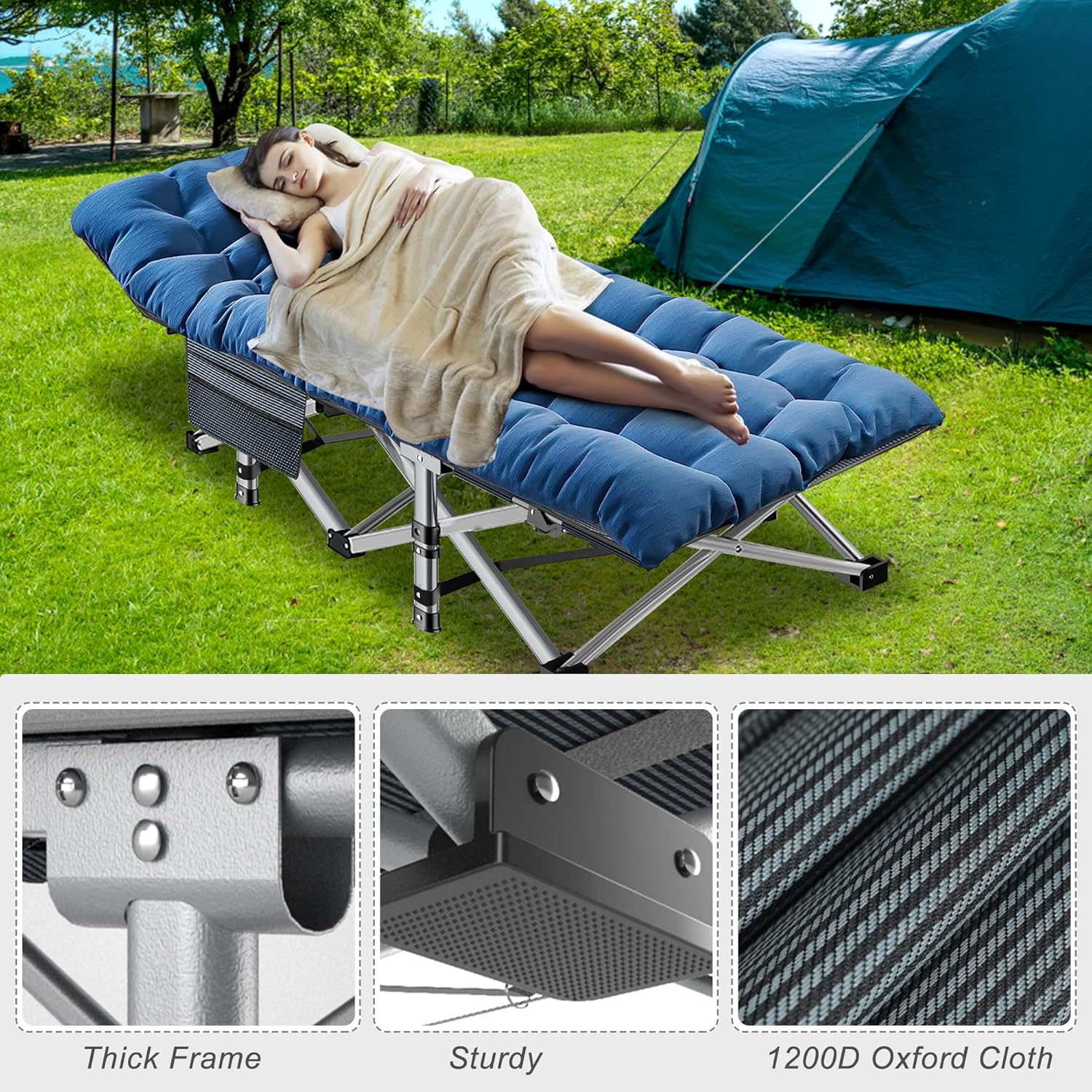Folding Camping Cot W/Mat for Adults, Heavy Duty Outdoor Bed with Carry Bag,1200 D Layer Oxford Travel Camp Cots