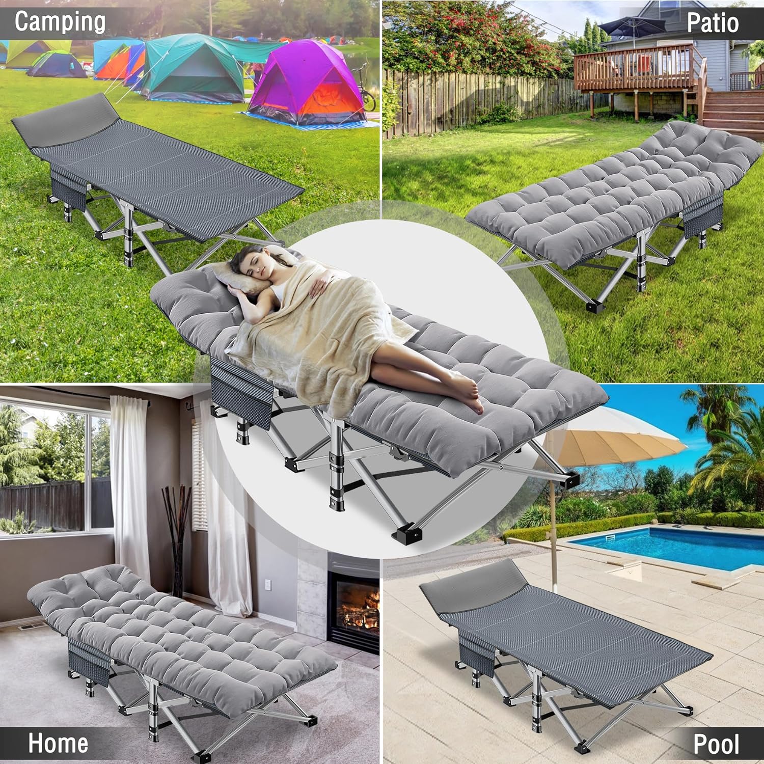 Folding Camping Cot W/Mat for Adults, Heavy Duty Outdoor Bed with Carry Bag,1200 D Layer Oxford Travel Camp Cots