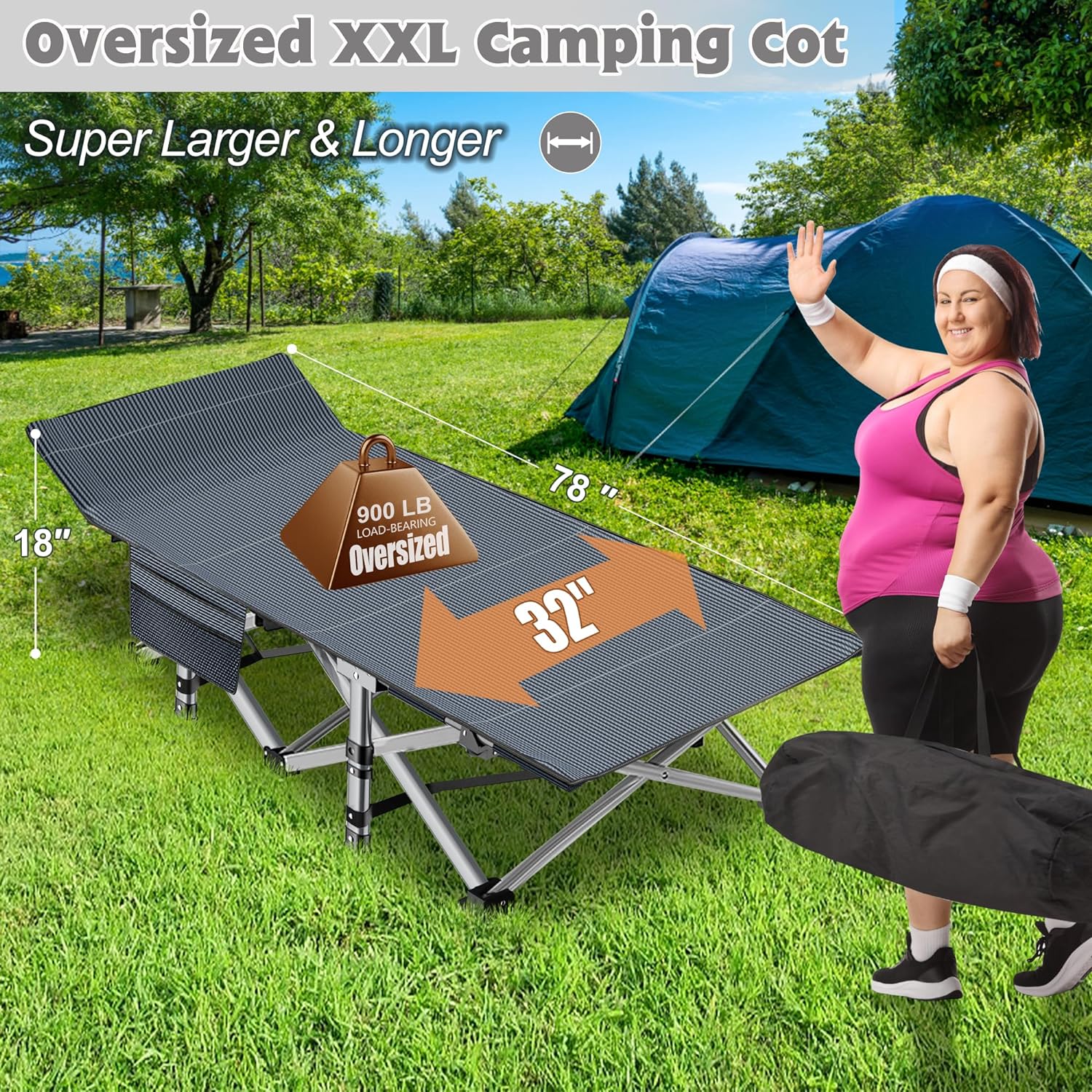 Folding Camping Cot W/Mat for Adults, Heavy Duty Outdoor Bed with Carry Bag,1200 D Layer Oxford Travel Camp Cots